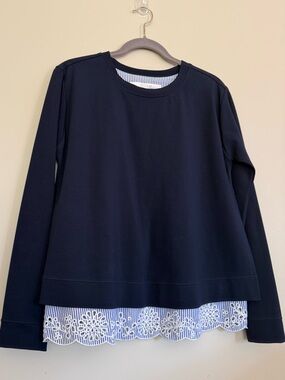 Navy Pullover with Blue-White Striped Underlayer Floral Embroidery Casual Beach